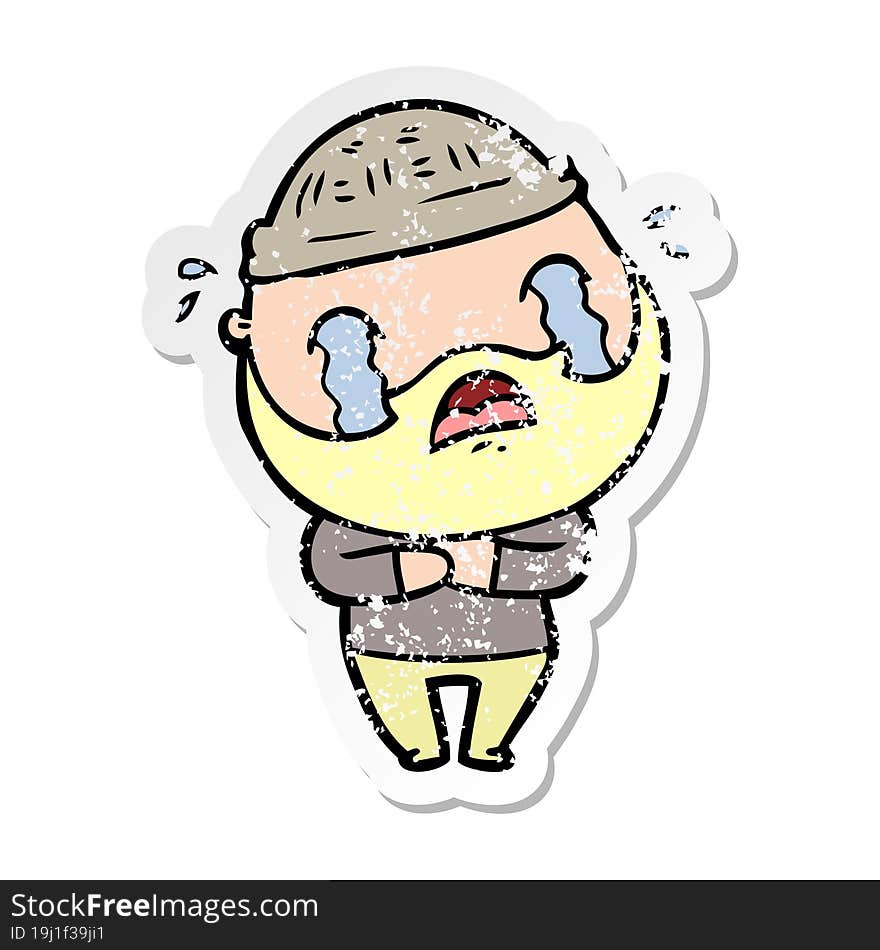 distressed sticker of a cartoon bearded man crying