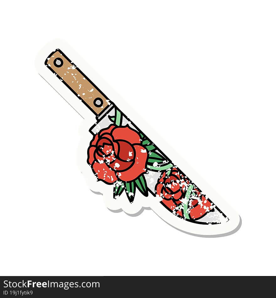 Traditional Distressed Sticker Tattoo Of A Dagger And Flowers