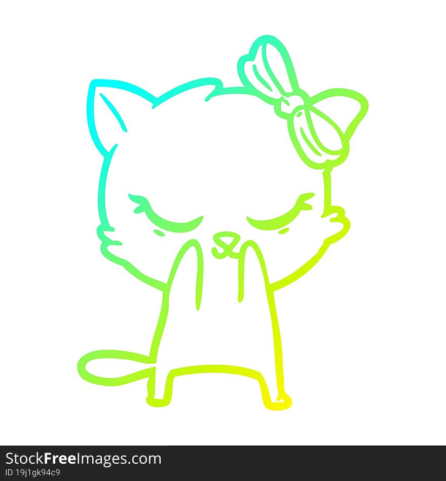 cold gradient line drawing of a cute cartoon cat with bow