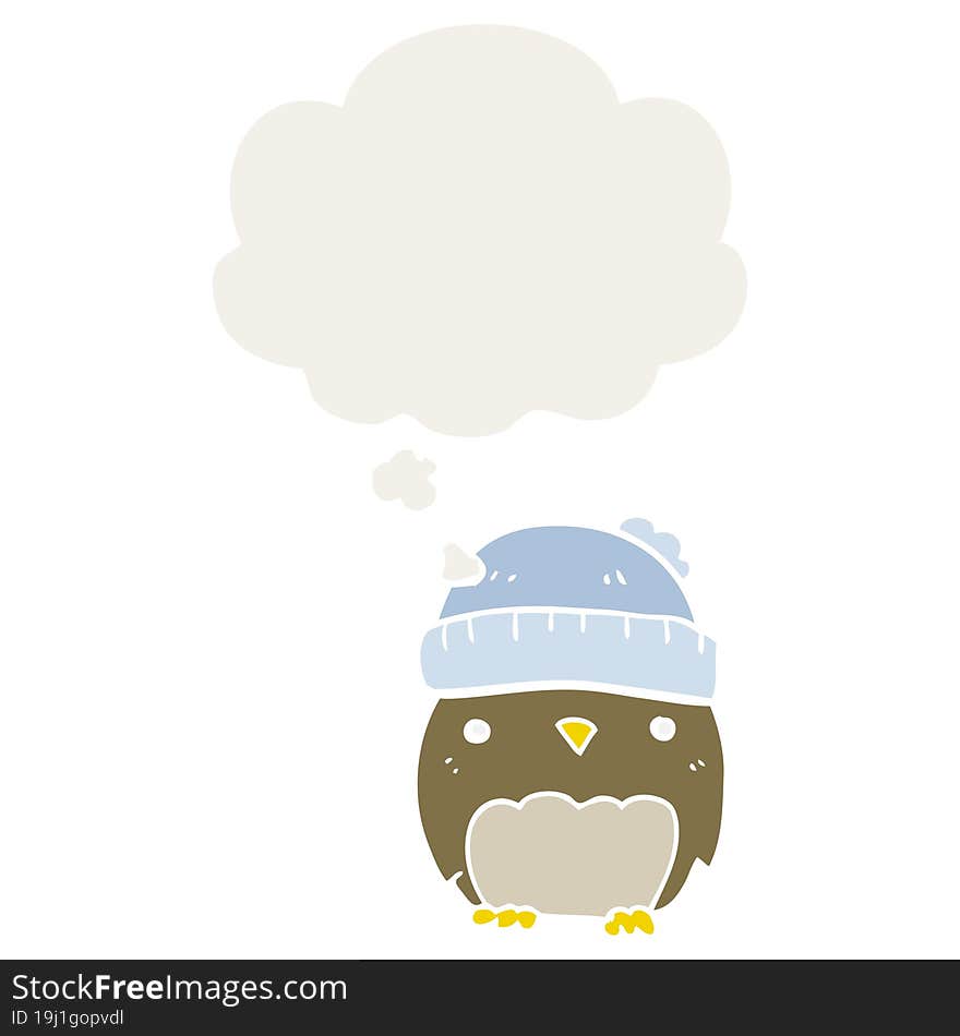 cute cartoon owl in hat and thought bubble in retro style