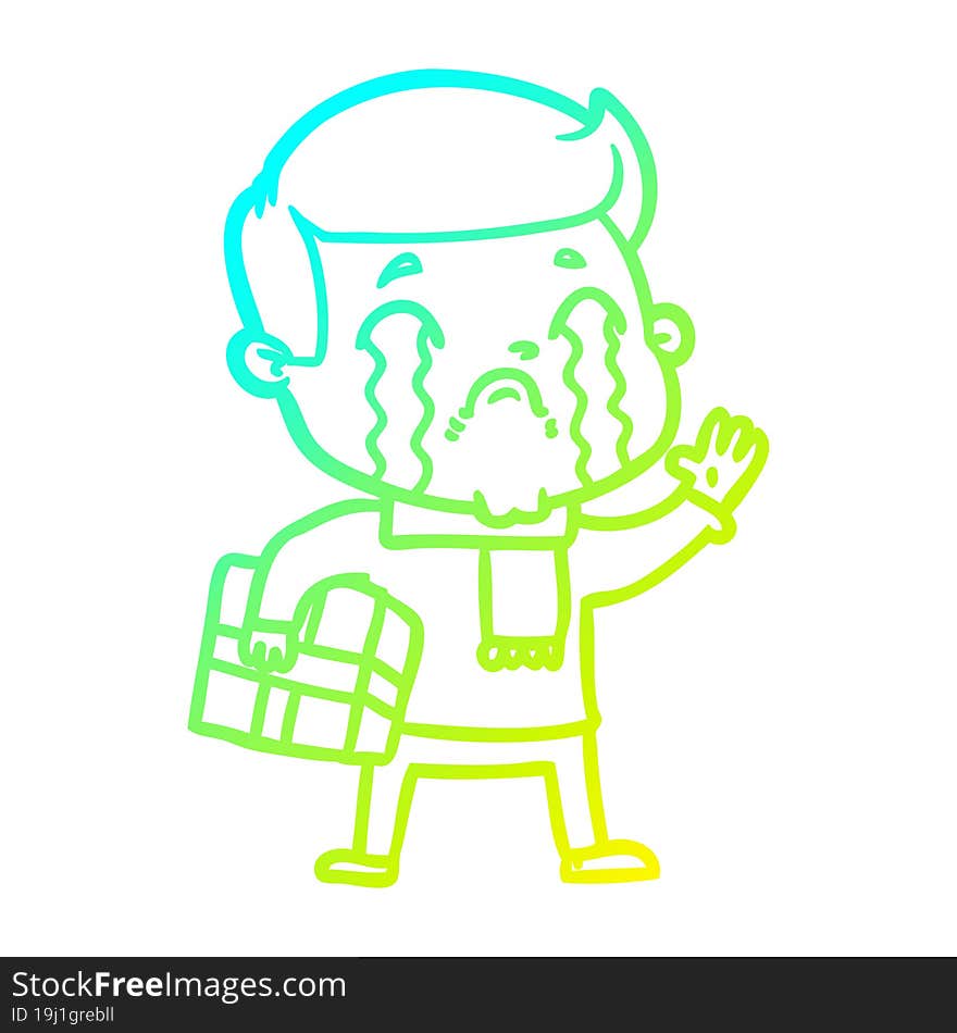 cold gradient line drawing of a cartoon man crying