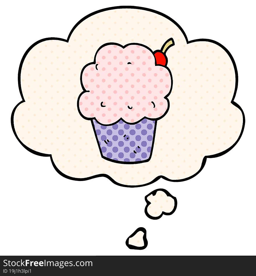 cartoon cupcake with thought bubble in comic book style