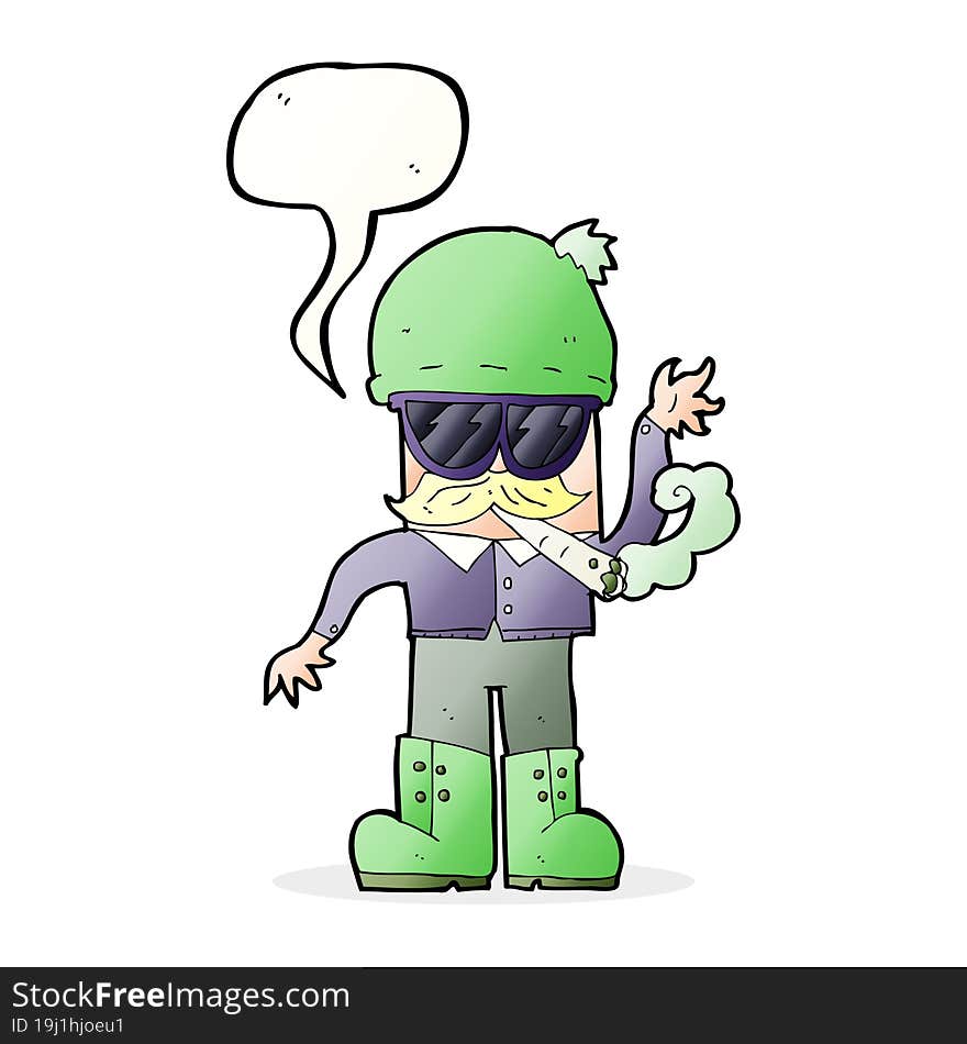 cartoon man smoking pot with speech bubble