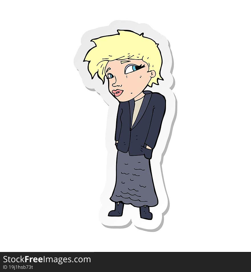 sticker of a cartoon woman with hands in pockets