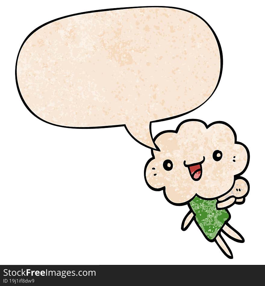 cartoon cloud head creature and speech bubble in retro texture style