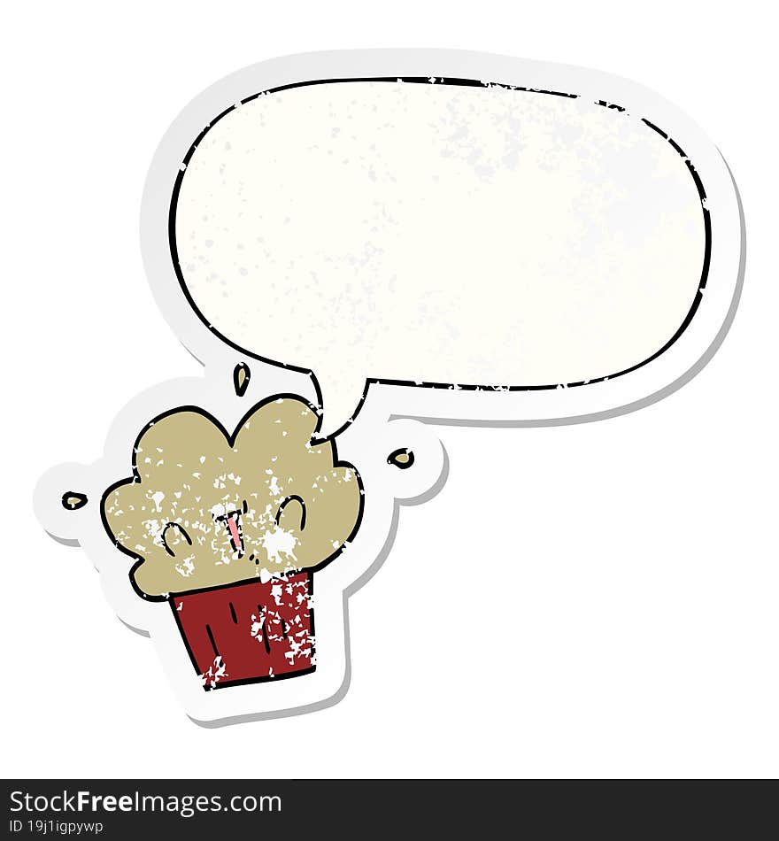 cartoon cupcake and speech bubble distressed sticker