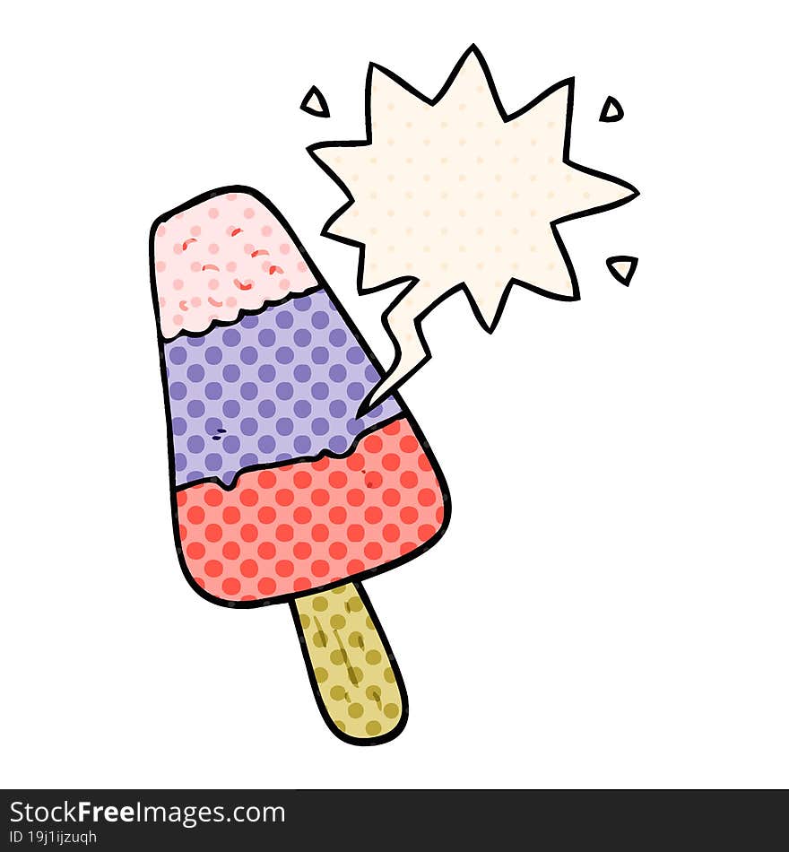 cartoon ice lolly with speech bubble in comic book style