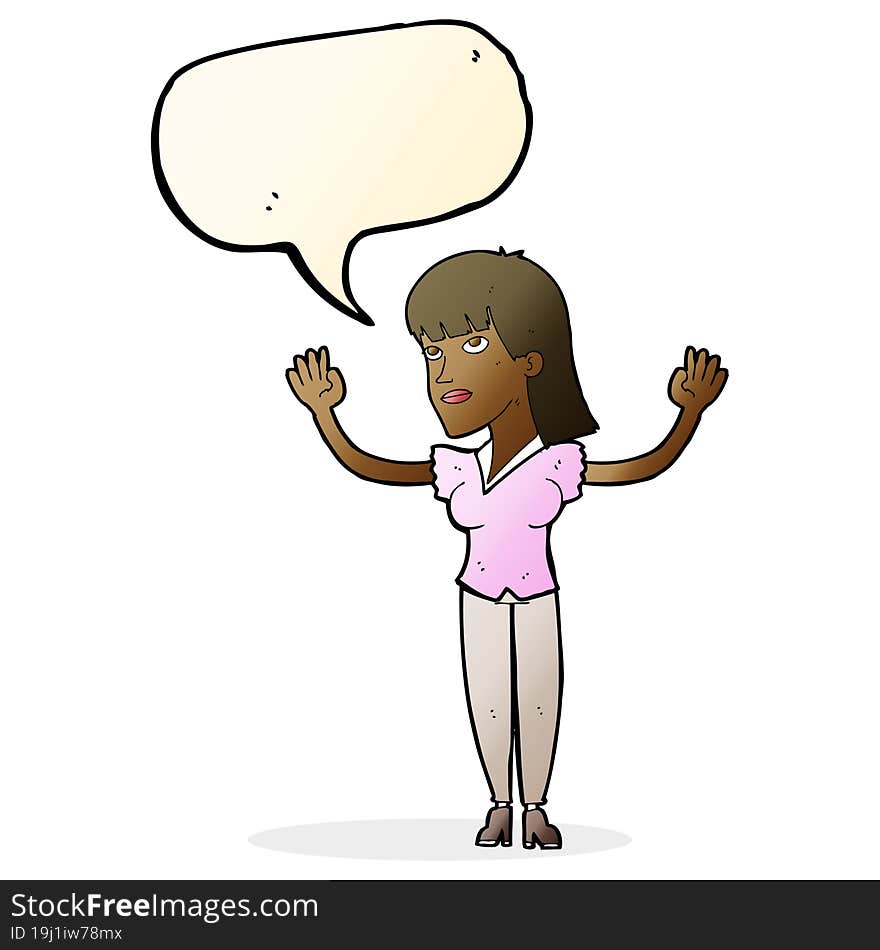 cartoon woman throwing hands in air with speech bubble