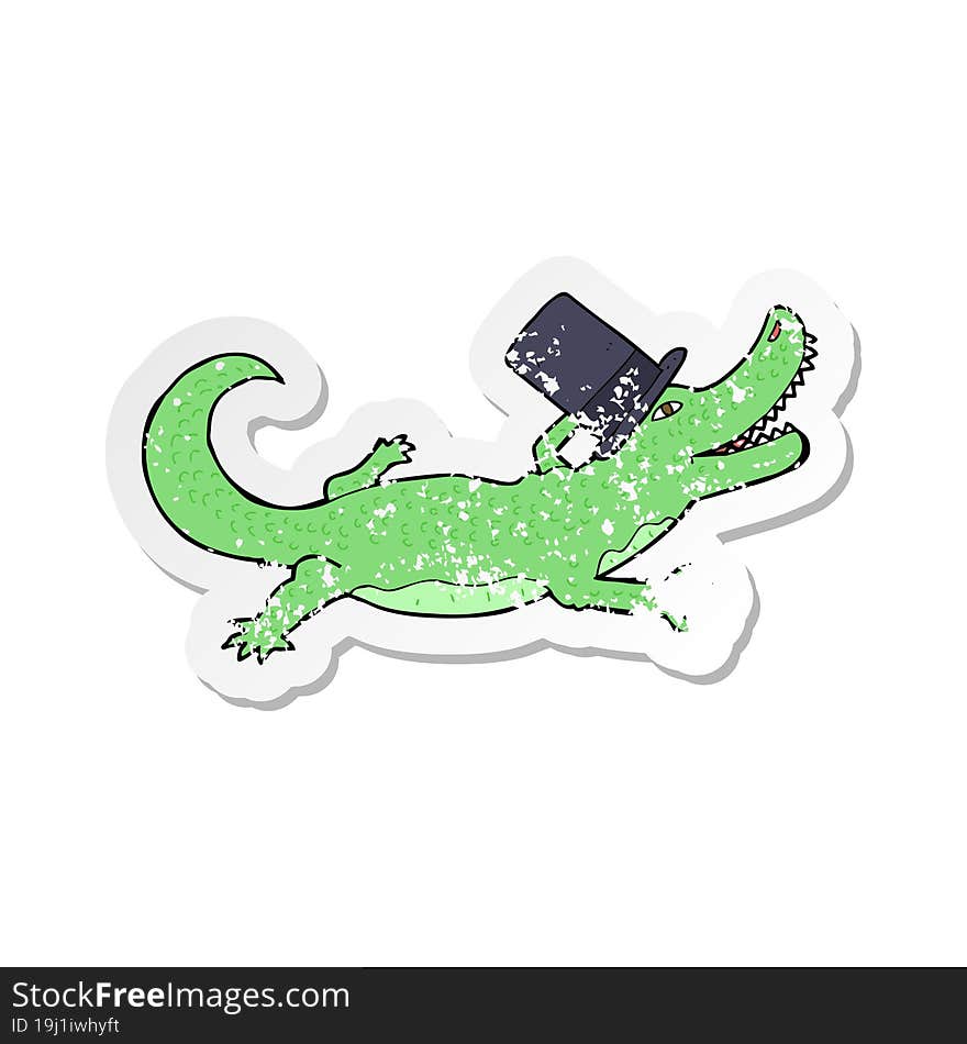 retro distressed sticker of a cartoon crocodile in top hat