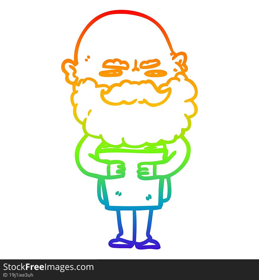 rainbow gradient line drawing cartoon man with beard frowning