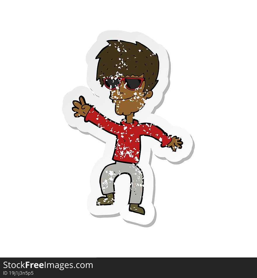 Retro Distressed Sticker Of A Cartoon Waving Cool Guy