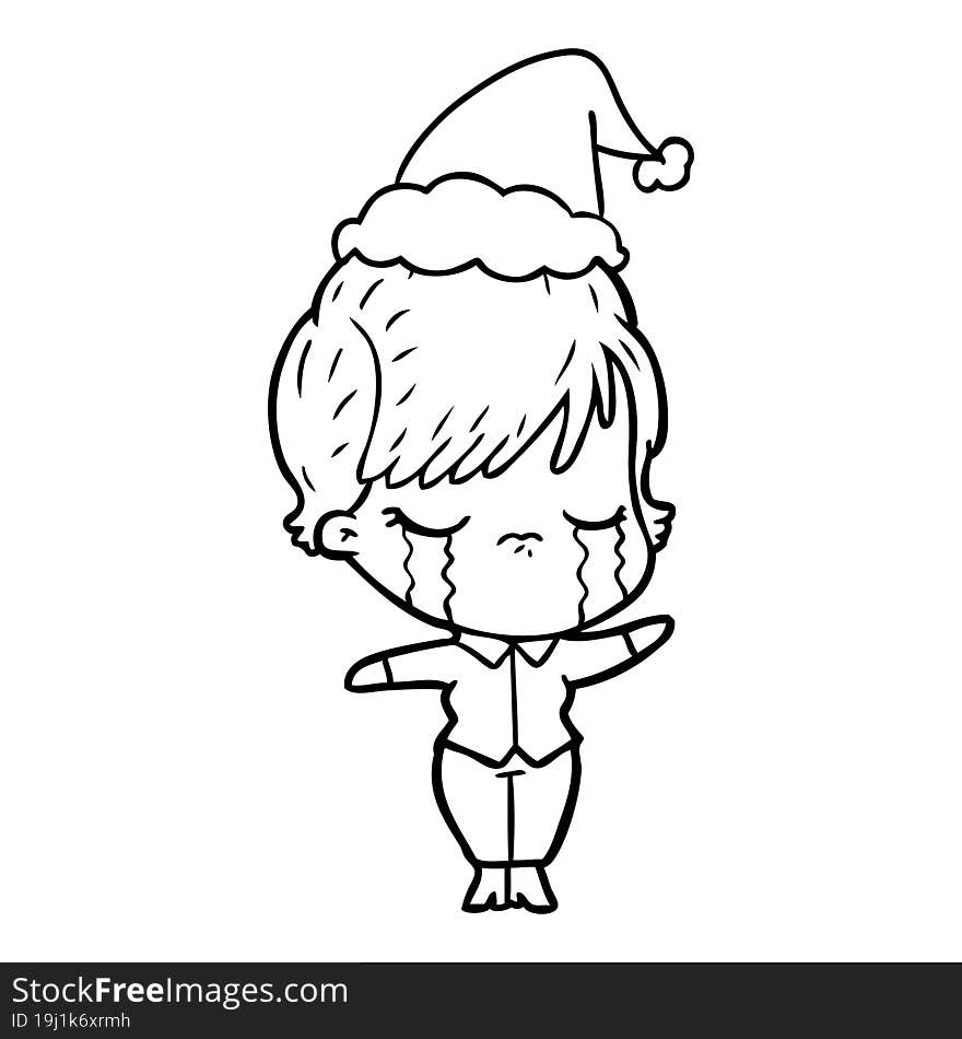 Line Drawing Of A Woman Crying Wearing Santa Hat