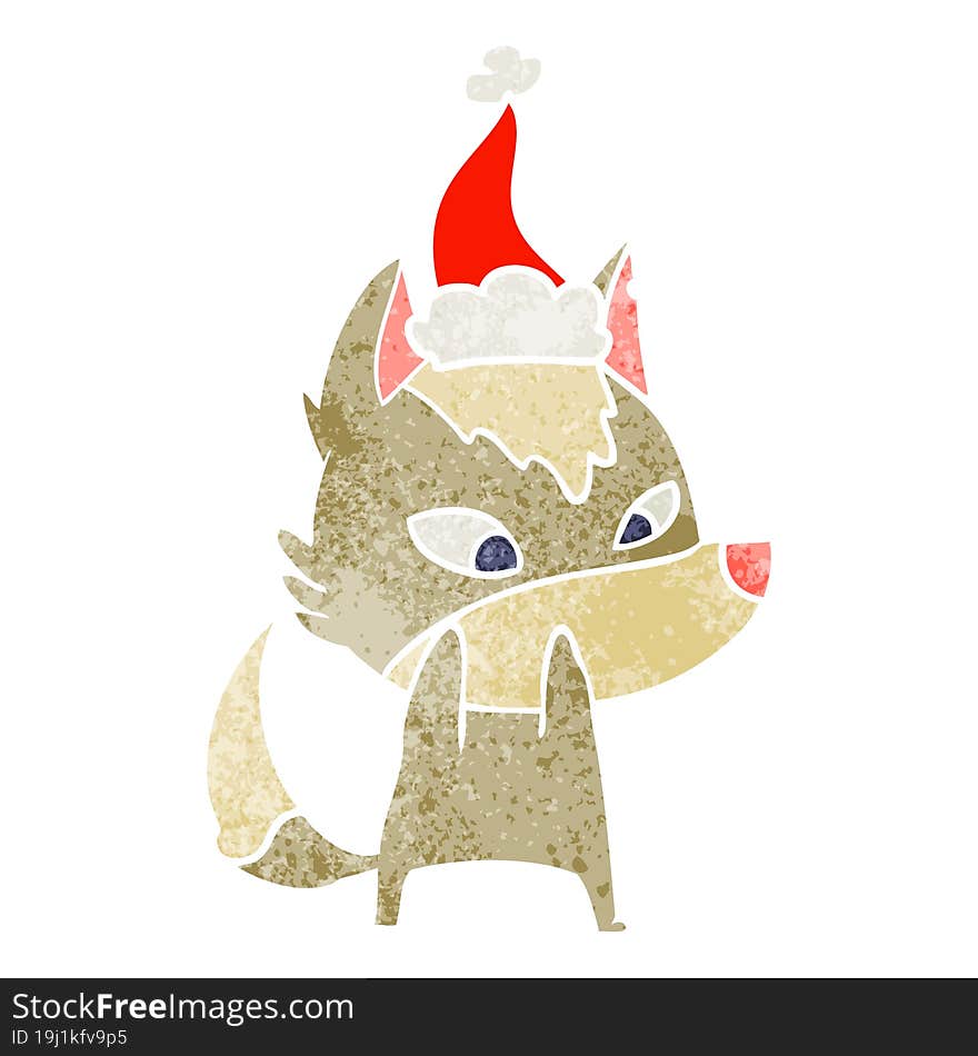 Shy Retro Cartoon Of A Wolf Wearing Santa Hat