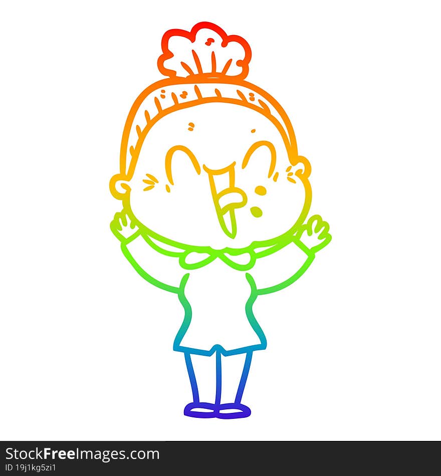 rainbow gradient line drawing of a cartoon happy old woman