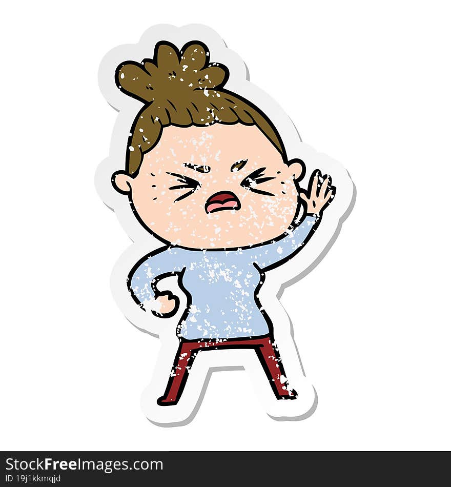 distressed sticker of a cartoon angry woman