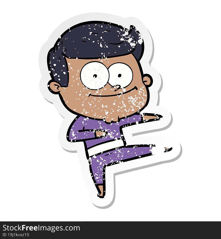 distressed sticker of a cartoon happy man dancing