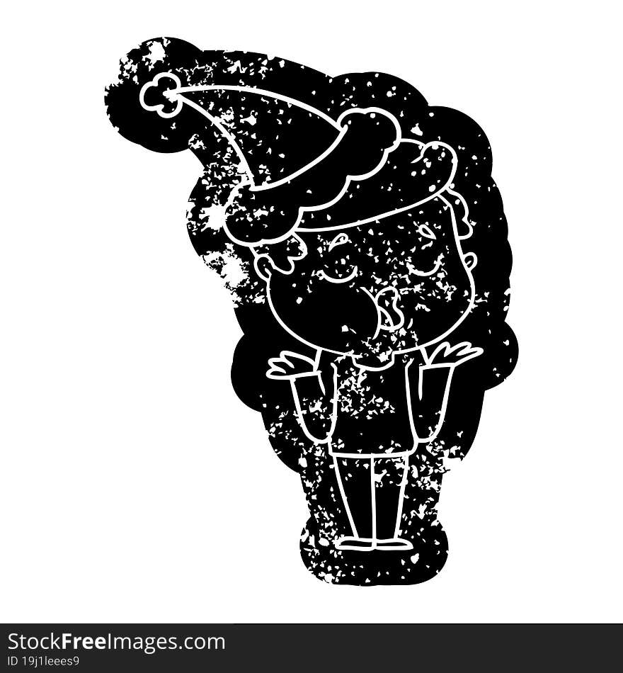 quirky cartoon distressed icon of a man talking and shrugging shoulders wearing santa hat