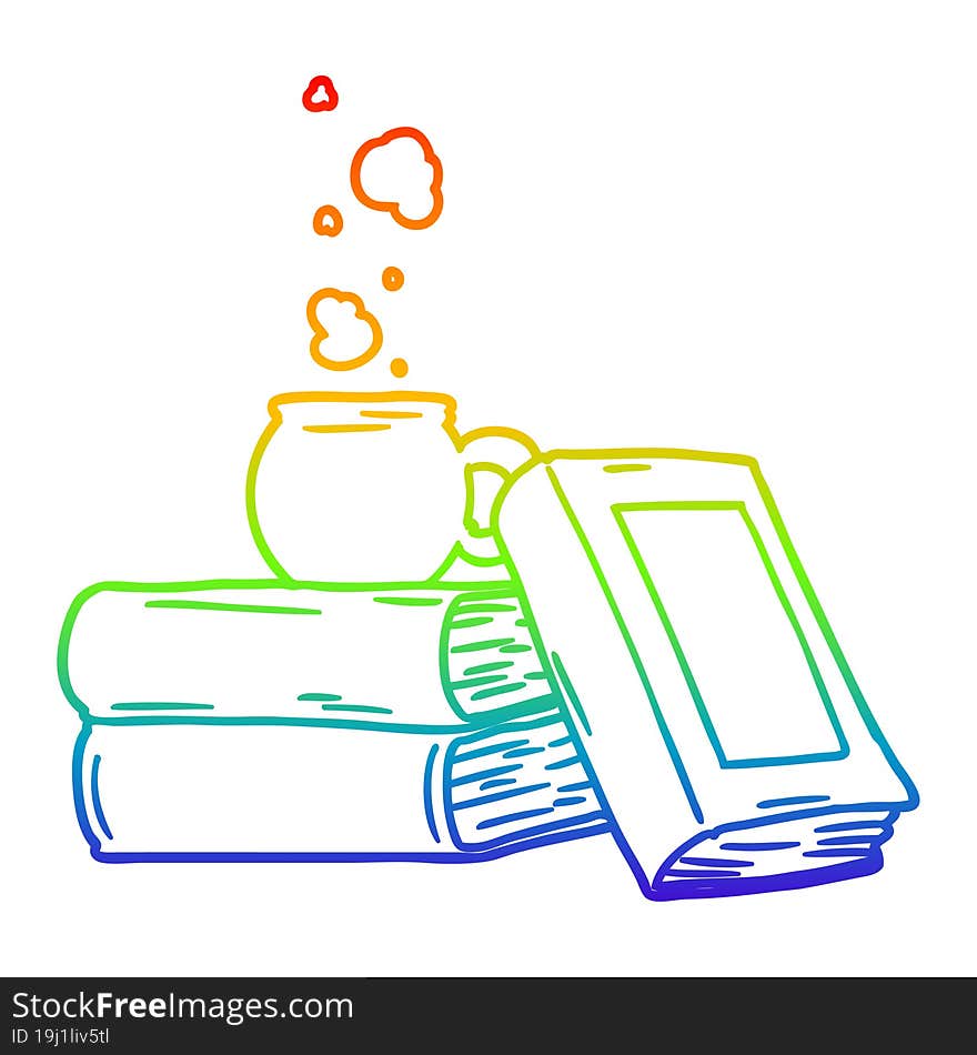 rainbow gradient line drawing of a cartoon coffee cup and study books