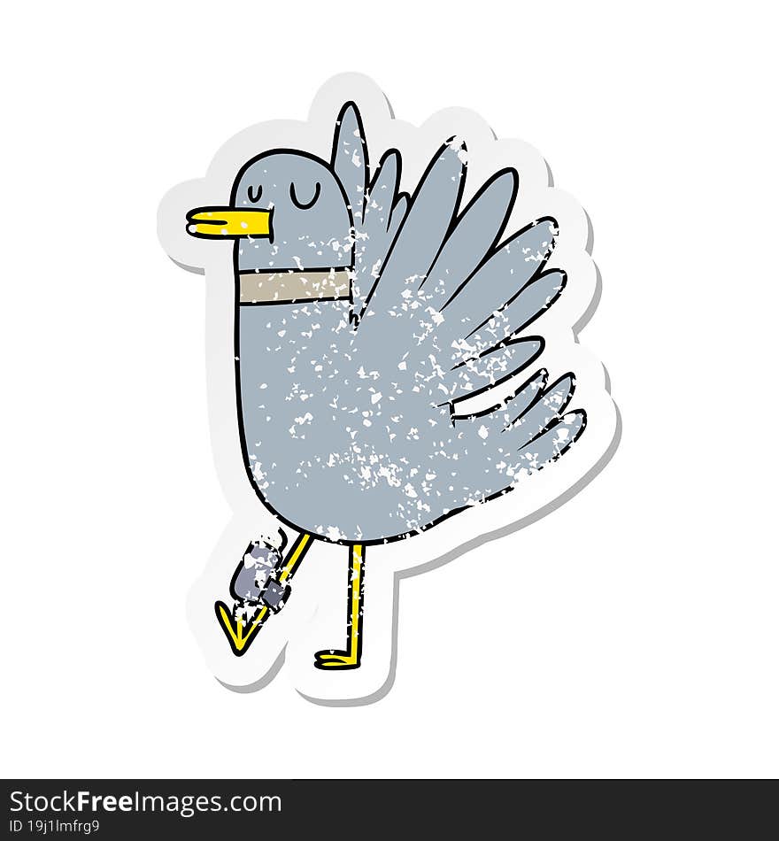 distressed sticker of a cartoon flapping wood pigeon