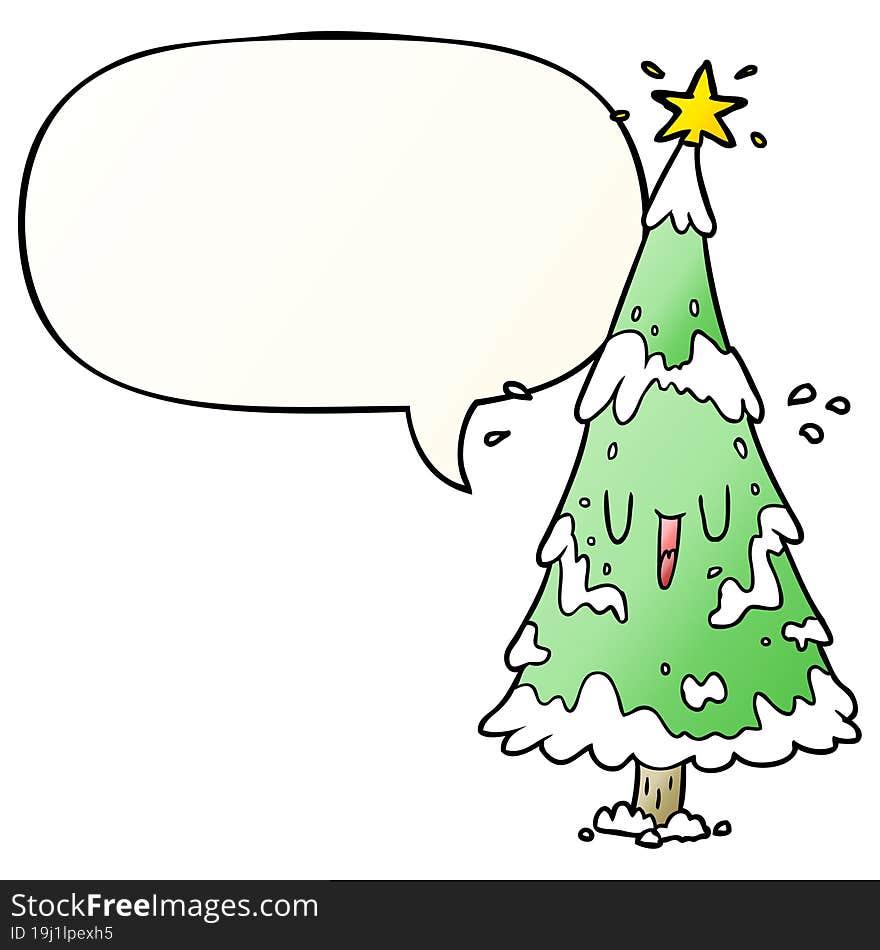 cartoon snowy christmas tree and happy face and speech bubble in smooth gradient style