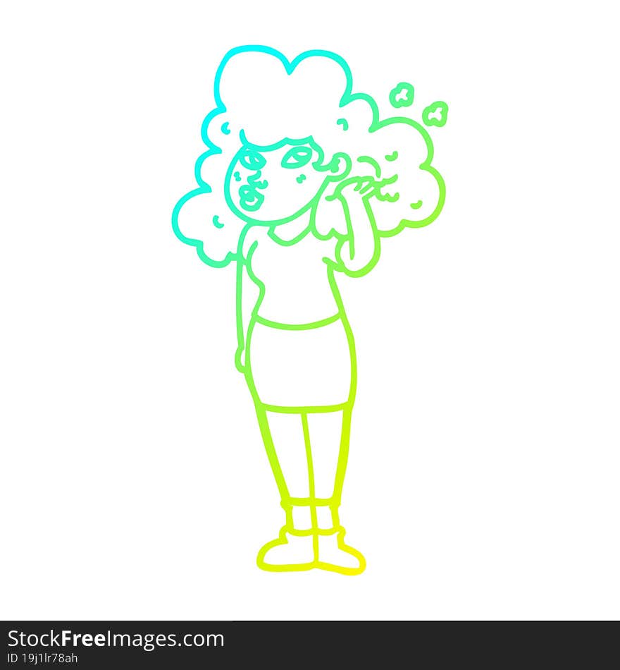 cold gradient line drawing cartoon girl playing with hair