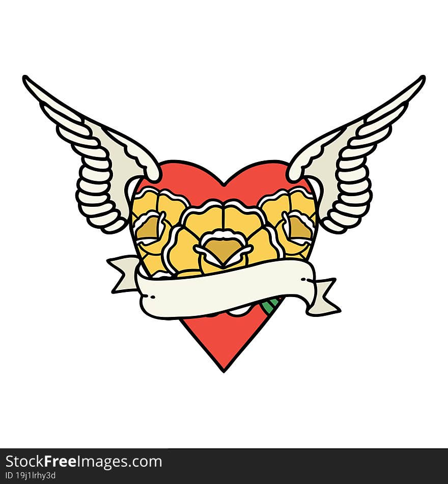 tattoo in traditional style of heart with wings flowers and banner. tattoo in traditional style of heart with wings flowers and banner