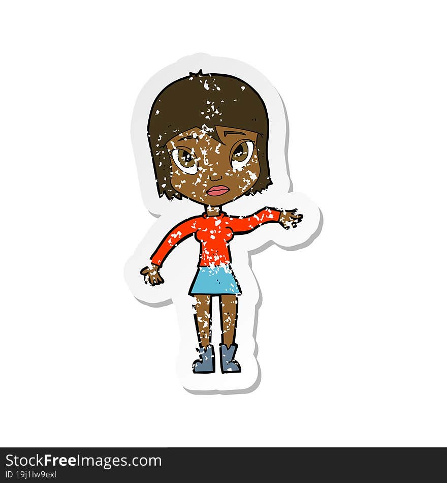 retro distressed sticker of a cartoon woman waving hand