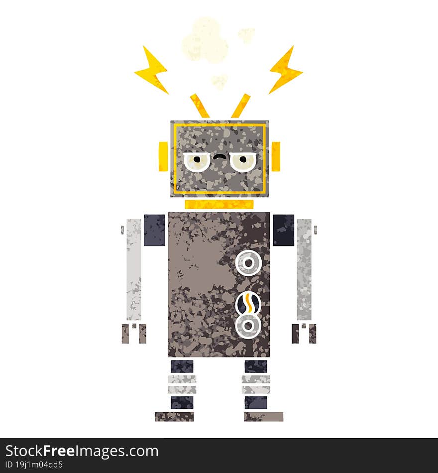 retro illustration style cartoon of a malfunctioning robot