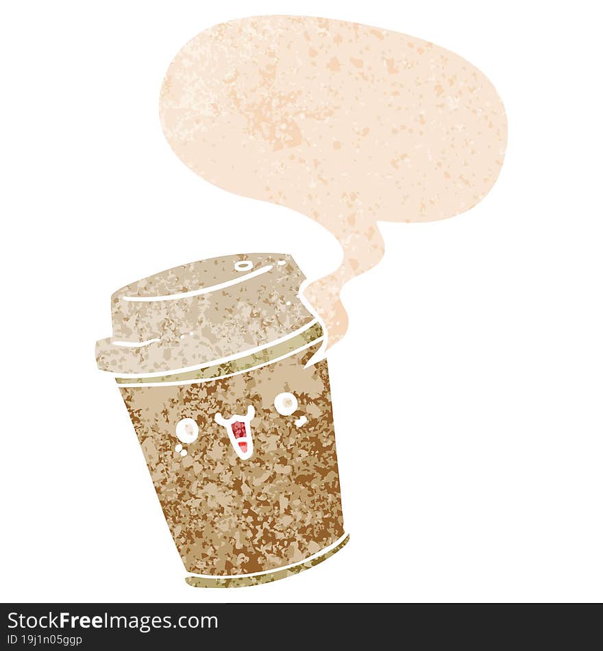 cartoon take out coffee with speech bubble in grunge distressed retro textured style. cartoon take out coffee with speech bubble in grunge distressed retro textured style