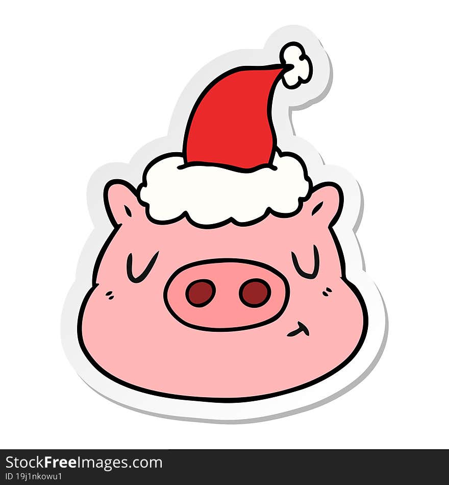 sticker cartoon of a pig face wearing santa hat