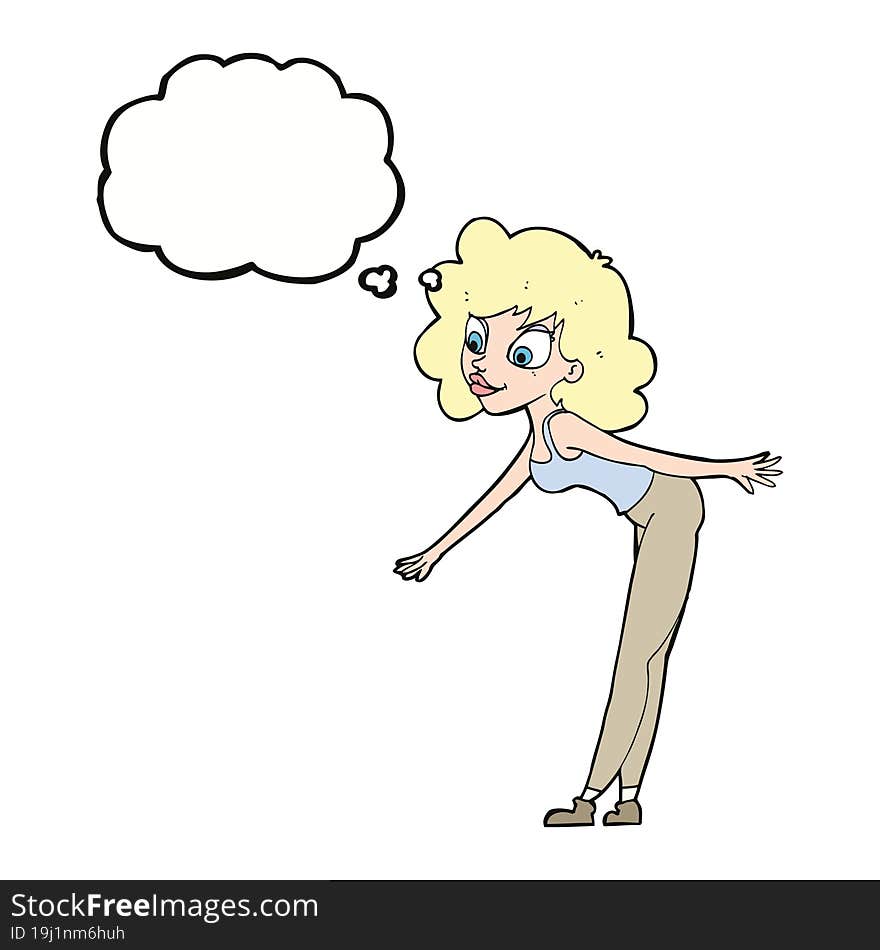 cartoon woman reaching to pick something up with thought bubble