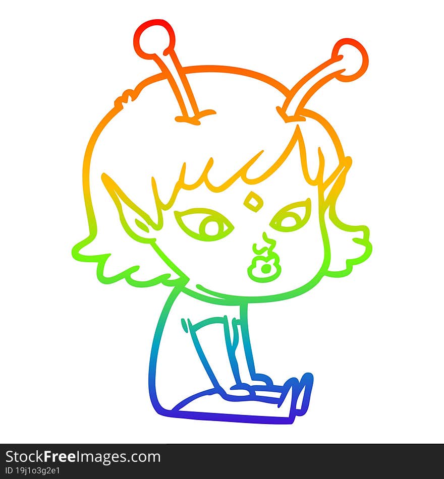 rainbow gradient line drawing of a pretty cartoon alien girl