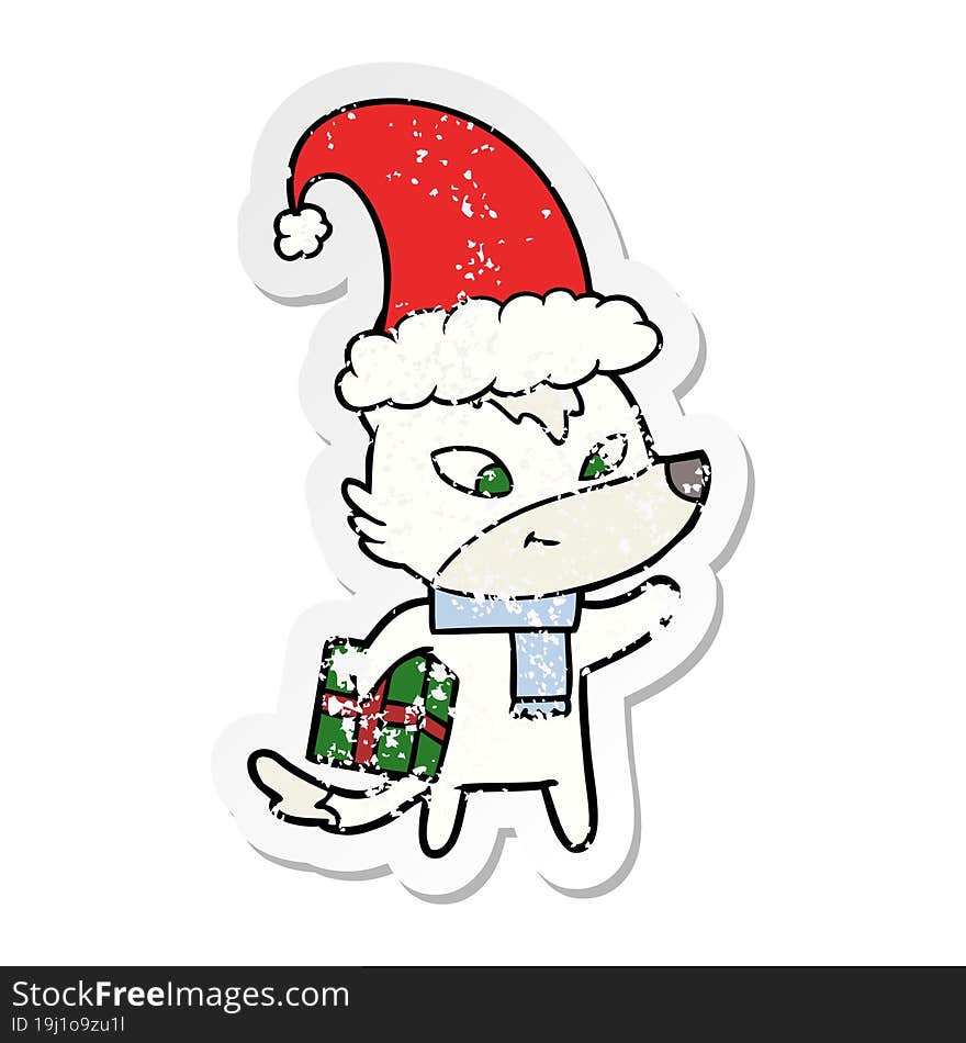 distressed sticker of a friendly cartoon christmas wolf