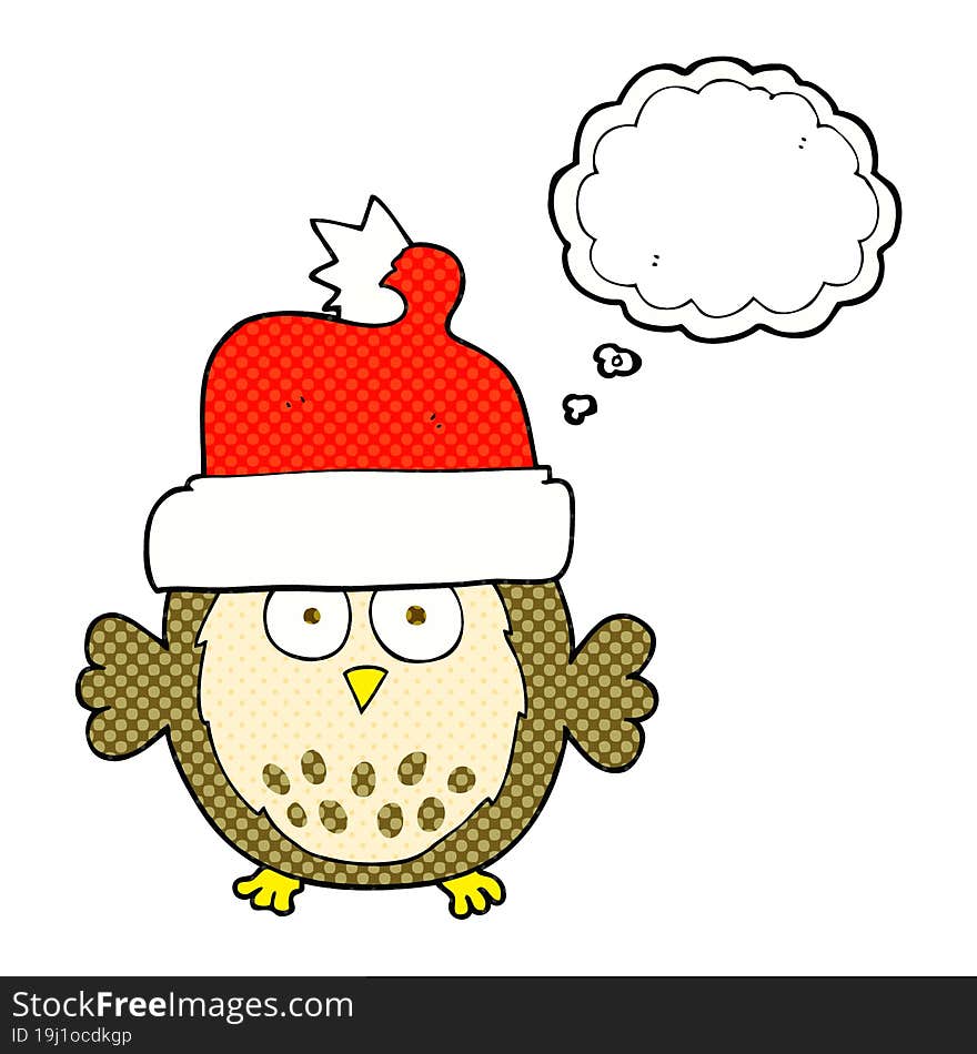 freehand drawn thought bubble cartoon owl wearing christmas hat