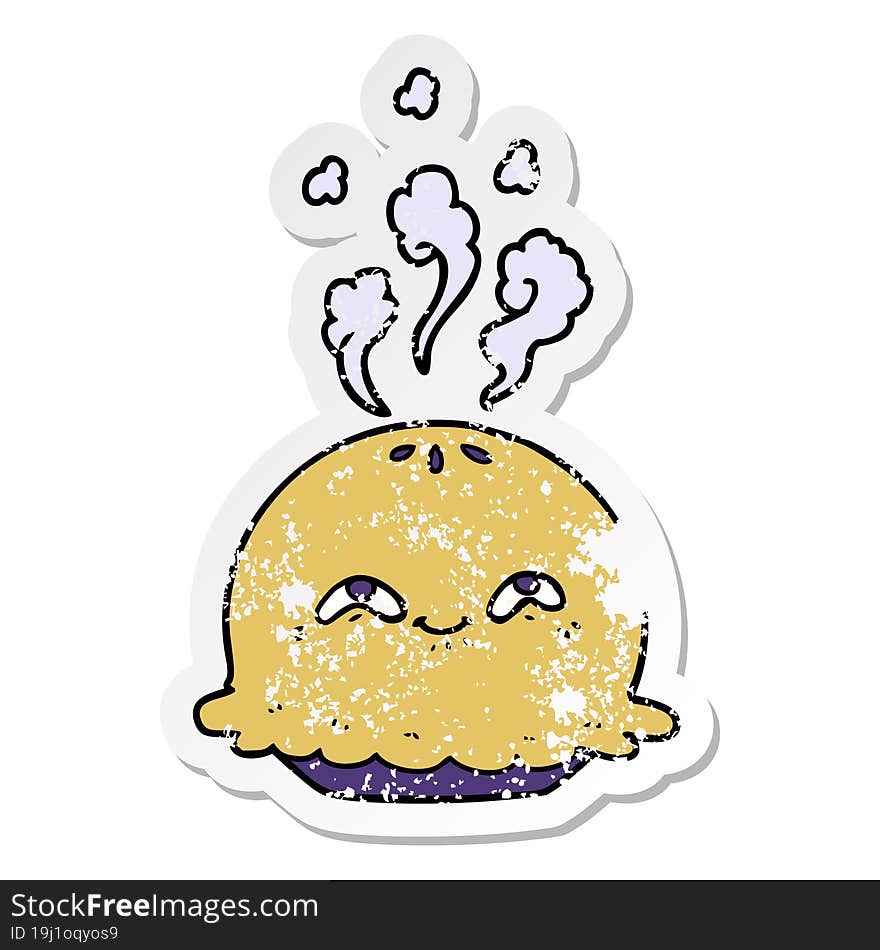 distressed sticker of a cartoon pie