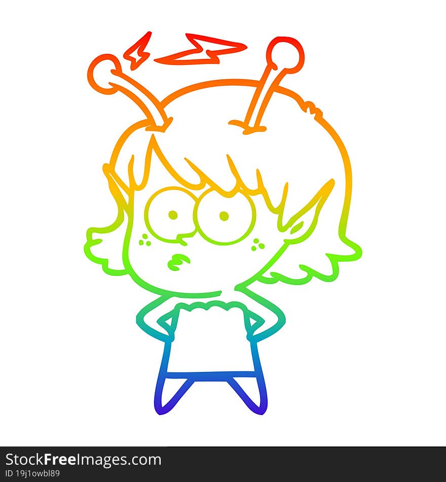 rainbow gradient line drawing of a cartoon alien girl