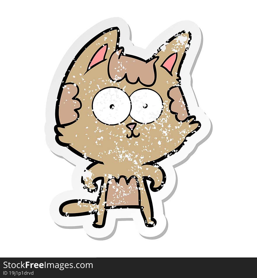 distressed sticker of a happy cartoon cat