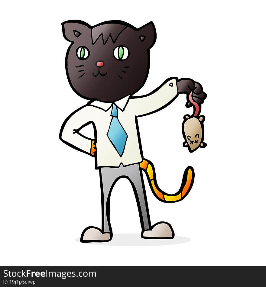 cartoon business cat with dead mouse