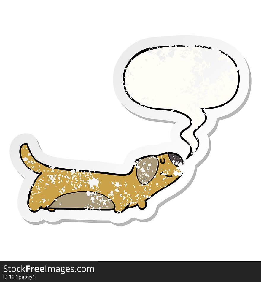 cartoon dog with speech bubble distressed distressed old sticker. cartoon dog with speech bubble distressed distressed old sticker