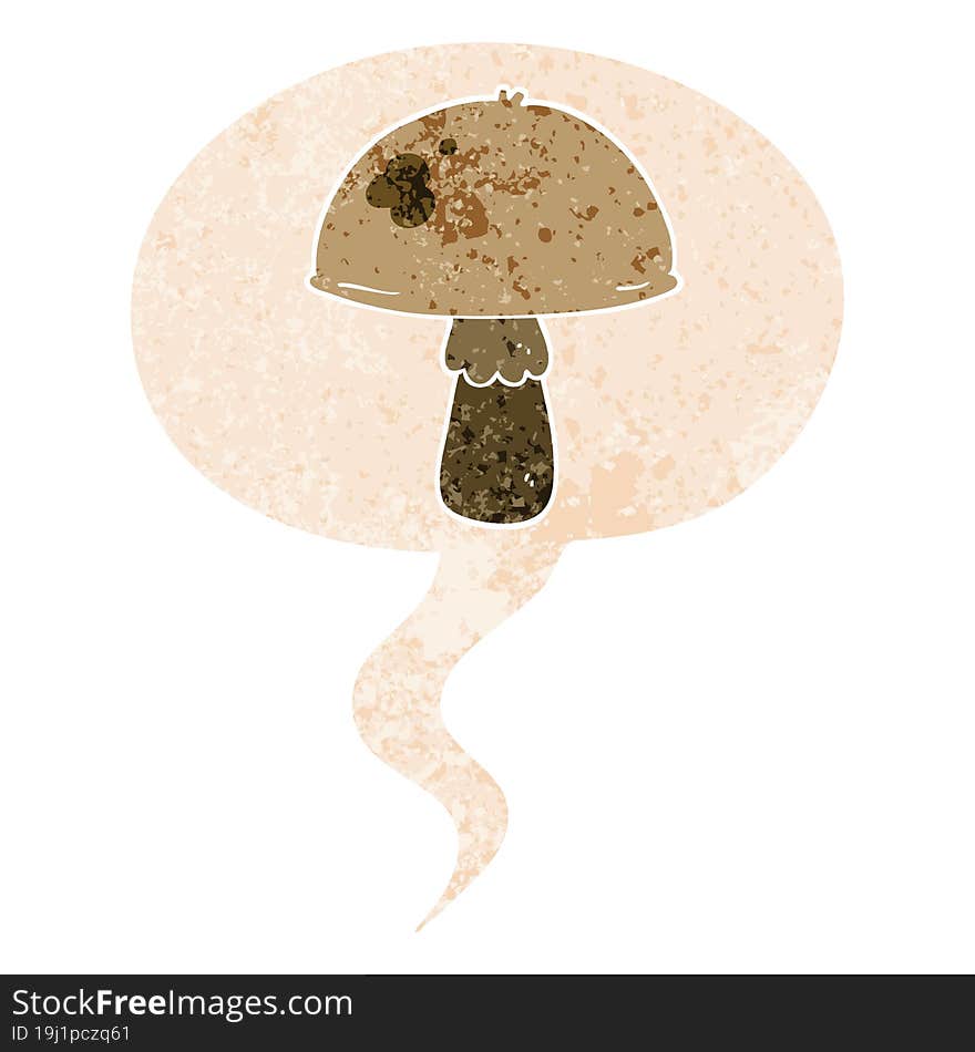 cartoon mushroom and speech bubble in retro textured style