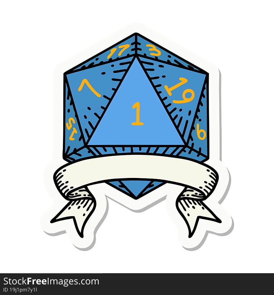 sticker of a natural one d20 dice roll. sticker of a natural one d20 dice roll