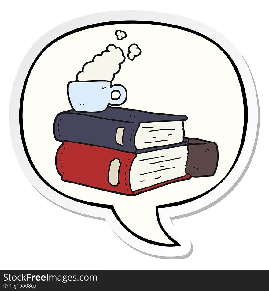 cartoon books and coffee cup and speech bubble sticker