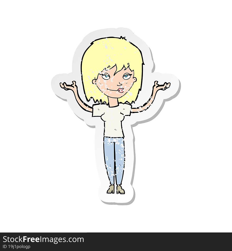 retro distressed sticker of a cartoon woman shrugging