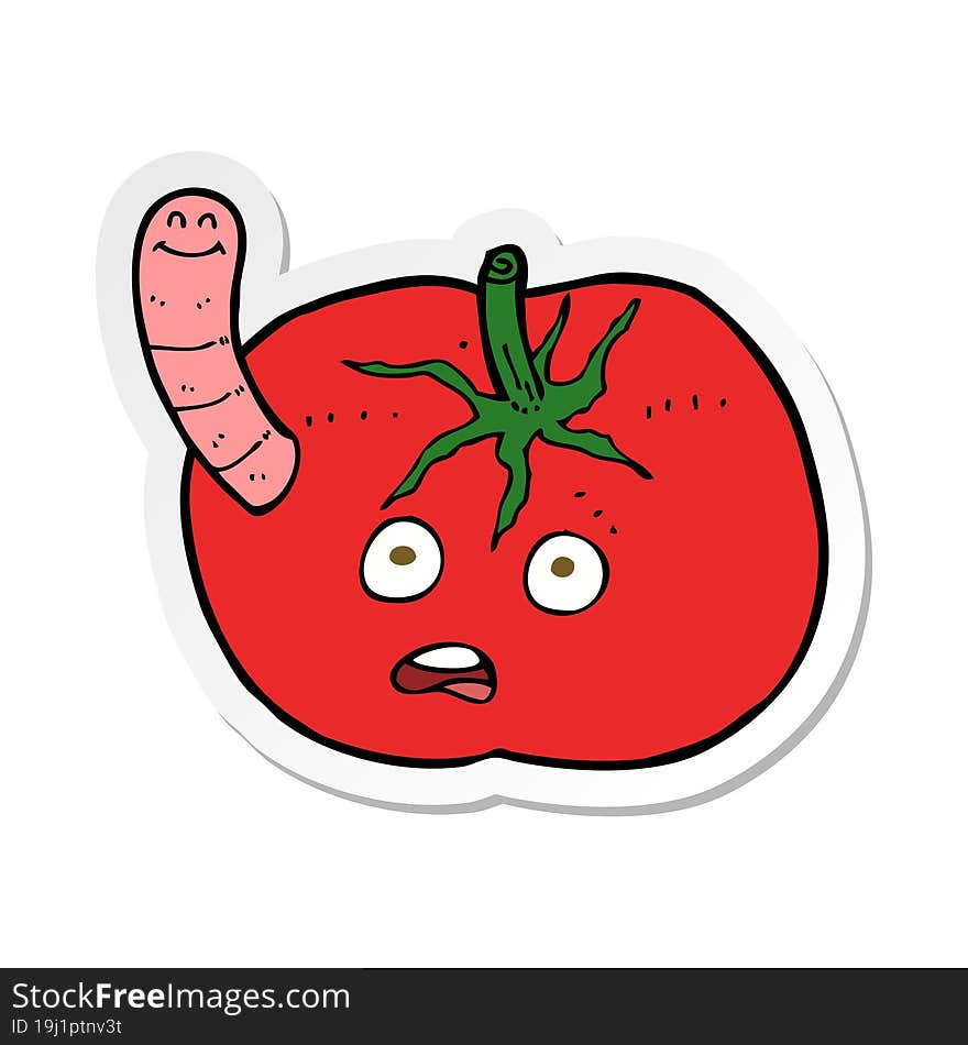 Sticker Of A Cartoon Tomato With Worm