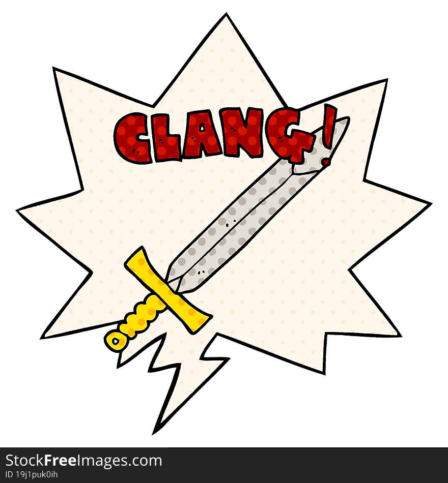 cartoon clanging sword and speech bubble in comic book style