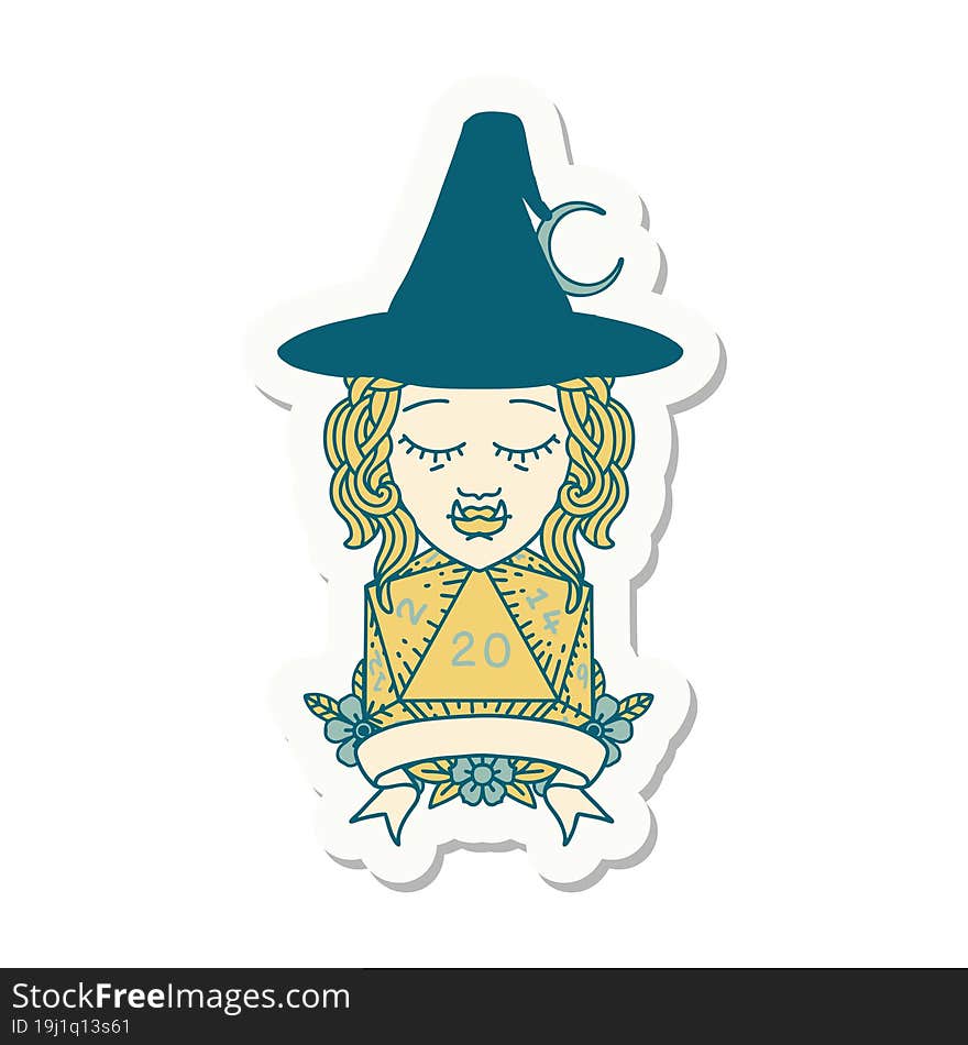 sticker of a half orc witch character with natural 20 dice roll. sticker of a half orc witch character with natural 20 dice roll