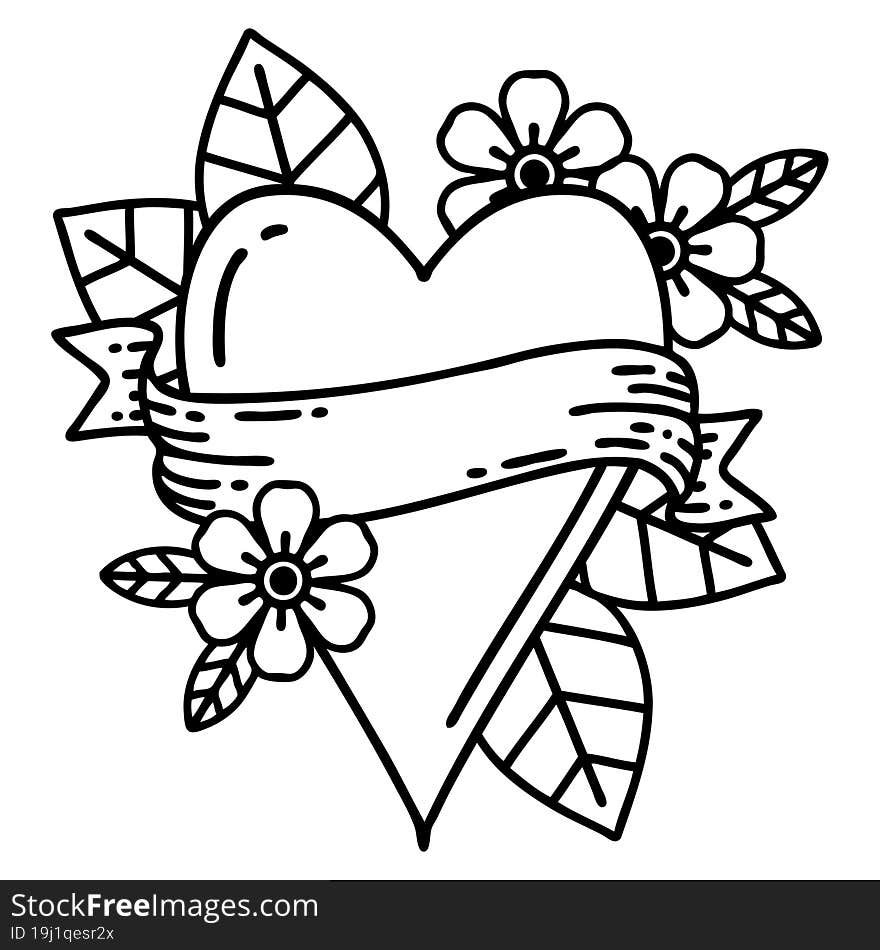 tattoo in black line style of a heart and banner. tattoo in black line style of a heart and banner