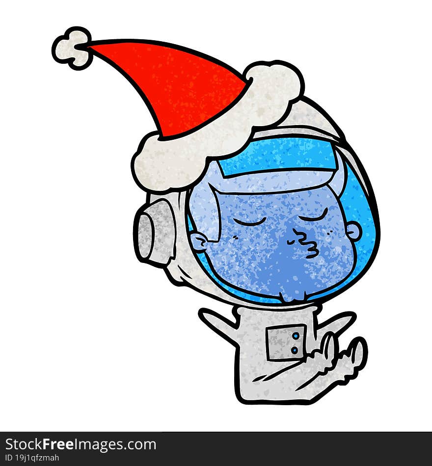 textured cartoon of a confident astronaut wearing santa hat