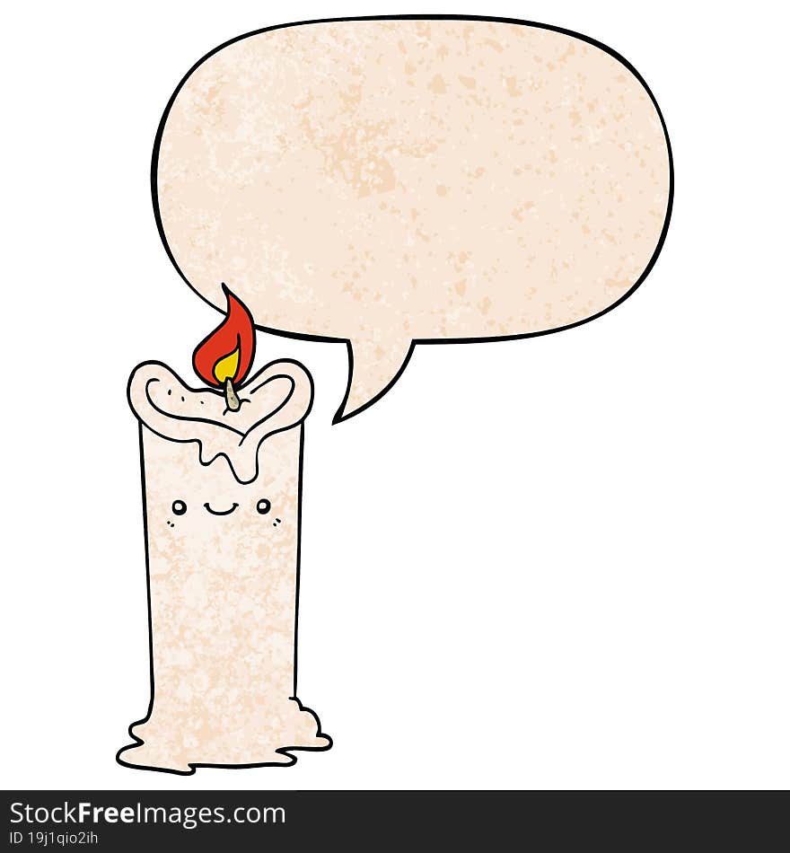 cartoon candle and speech bubble in retro texture style