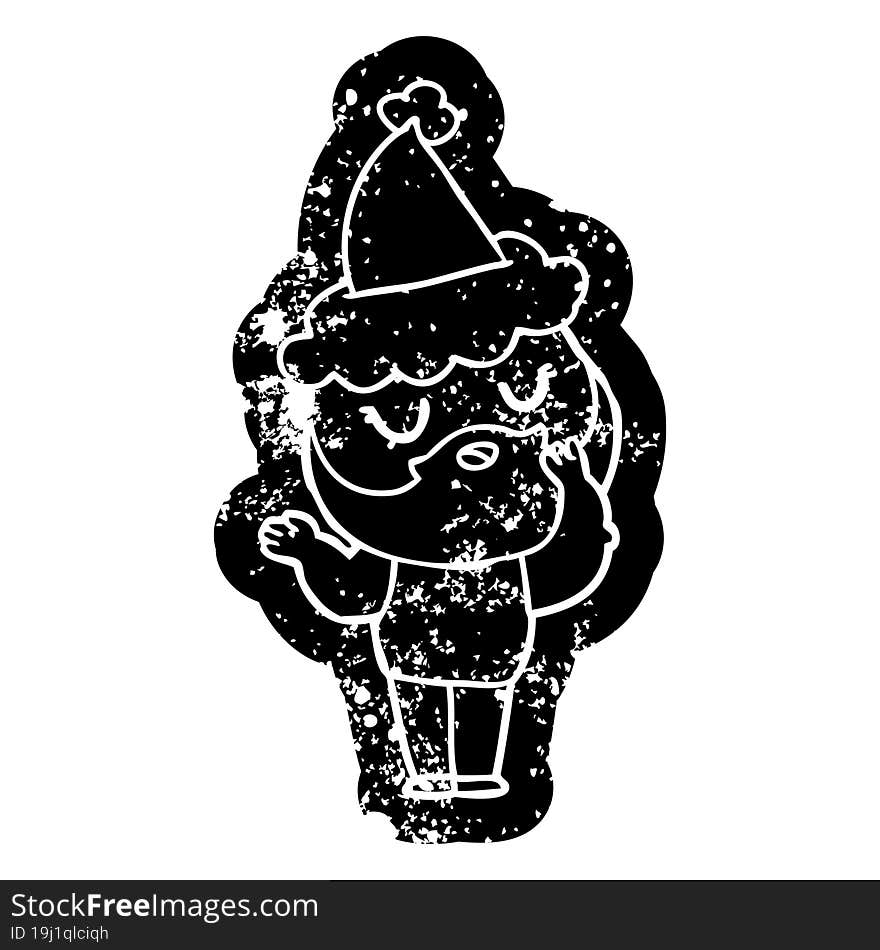 cartoon distressed icon of a man with beard wearing santa hat